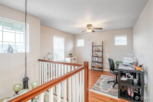 home office featuring ceiling fan and light wood-type flooring