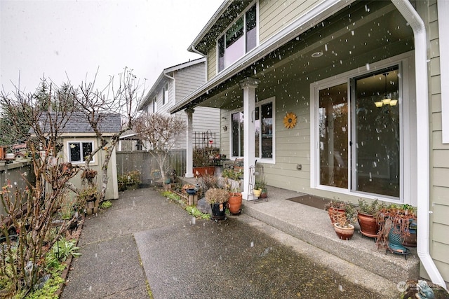 view of patio / terrace featuring an outbuilding