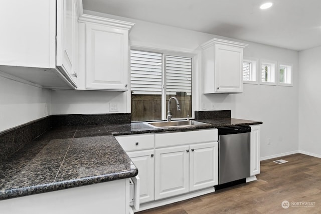 kitchen with white cabinetry, sink, dark wood-type flooring, and dishwasher