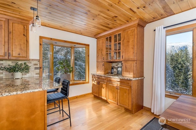 kitchen featuring tasteful backsplash, light stone countertops, hanging light fixtures, and light hardwood / wood-style flooring