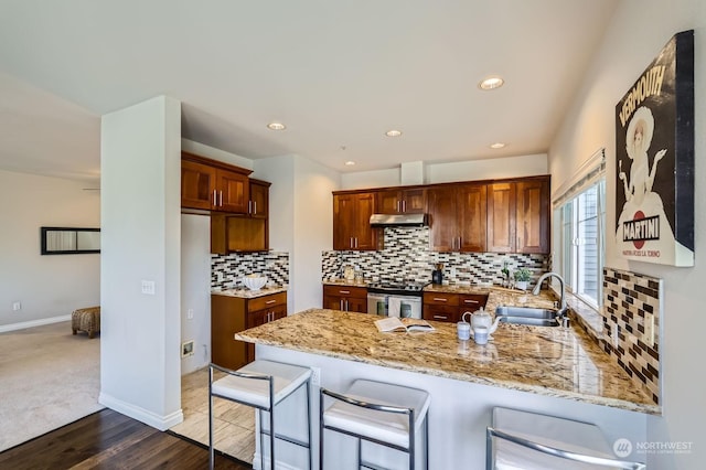 kitchen featuring a kitchen bar, sink, kitchen peninsula, electric stove, and light stone countertops