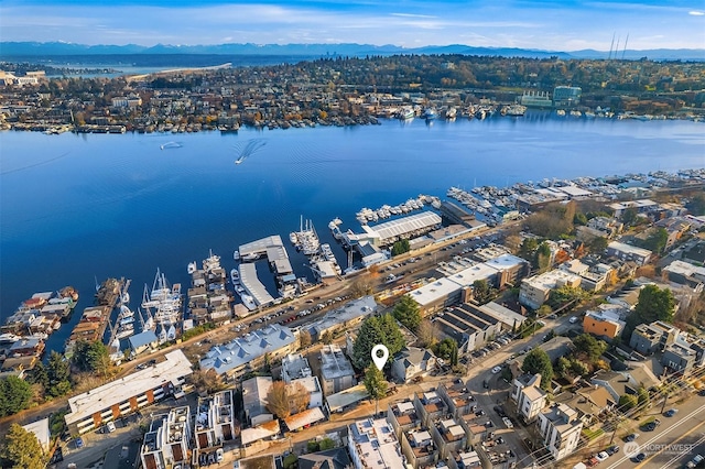 aerial view featuring a water and mountain view