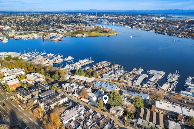 aerial view featuring a water view