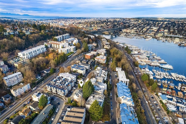 bird's eye view with a water view