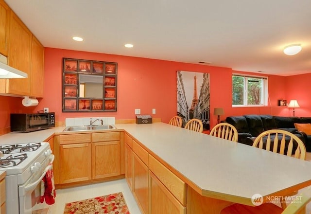 kitchen featuring sink, white gas range oven, a kitchen breakfast bar, and kitchen peninsula