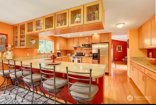 kitchen with appliances with stainless steel finishes, a kitchen breakfast bar, kitchen peninsula, and light stone countertops