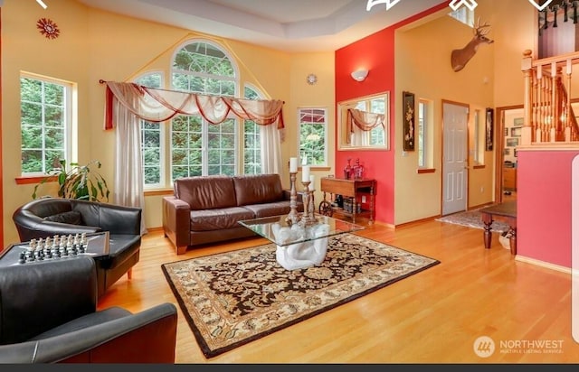 living room featuring light hardwood / wood-style floors and a high ceiling