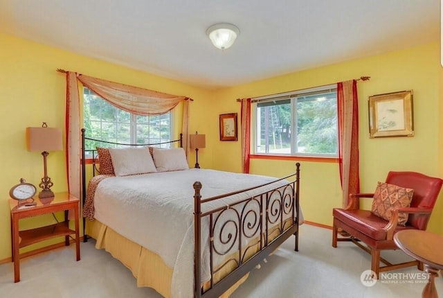 bedroom featuring multiple windows and light colored carpet