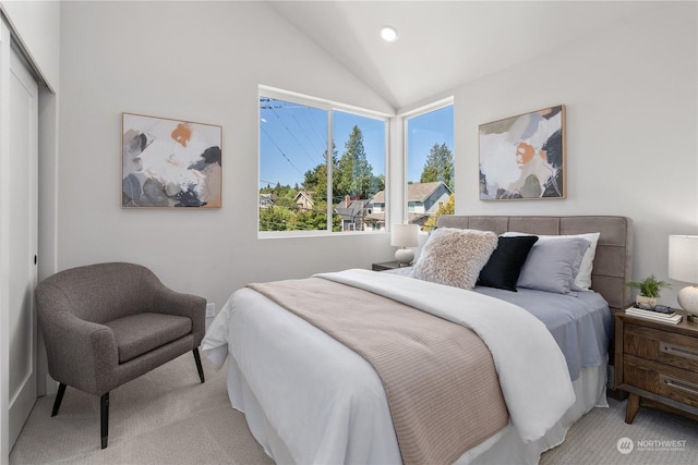 carpeted bedroom with vaulted ceiling and a closet