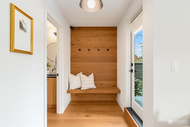 mudroom with wood walls and light wood-type flooring