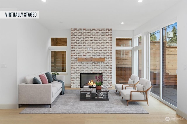 living room with a fireplace and light hardwood / wood-style flooring