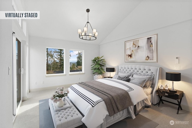 bedroom with a chandelier, vaulted ceiling, and light carpet