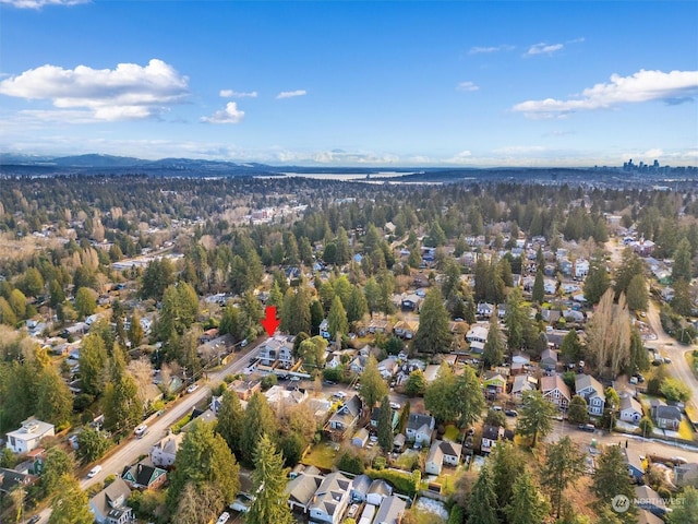 drone / aerial view featuring a mountain view