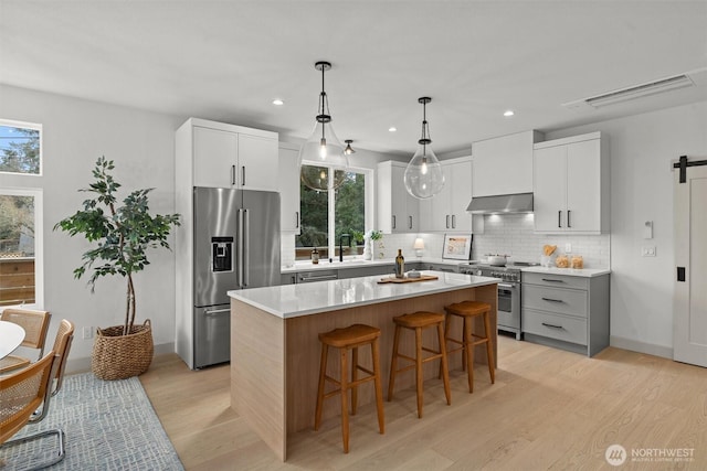 kitchen featuring premium appliances, a breakfast bar area, a barn door, a kitchen island, and under cabinet range hood