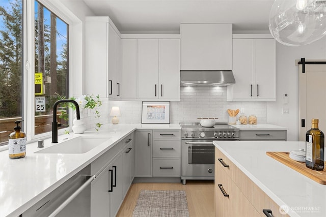 kitchen with tasteful backsplash, appliances with stainless steel finishes, gray cabinetry, under cabinet range hood, and a sink