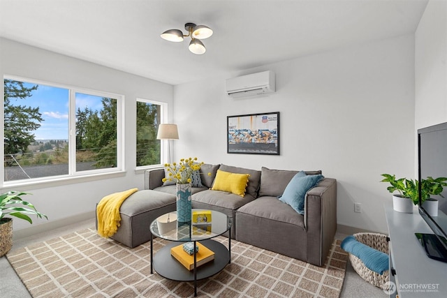 living area featuring carpet, a wall unit AC, and baseboards