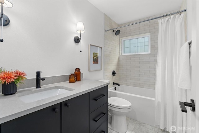 full bath featuring shower / bathtub combination with curtain, toilet, and vanity