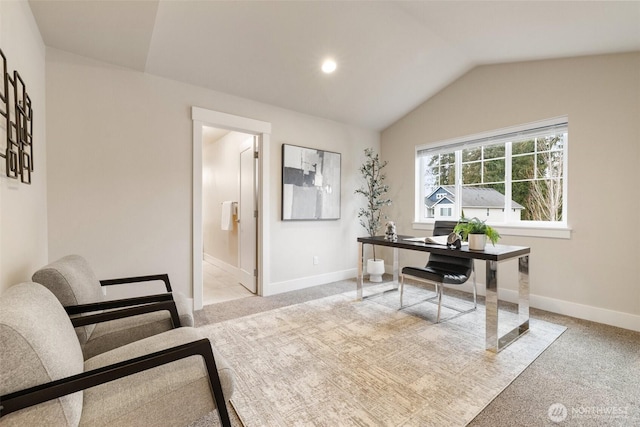 office area with light carpet, baseboards, vaulted ceiling, and recessed lighting