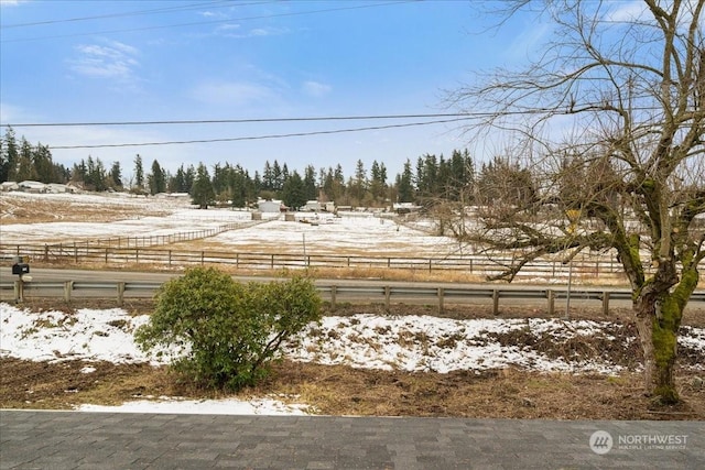 yard layered in snow with a rural view