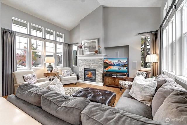 living room featuring high vaulted ceiling, a fireplace, and hardwood / wood-style floors