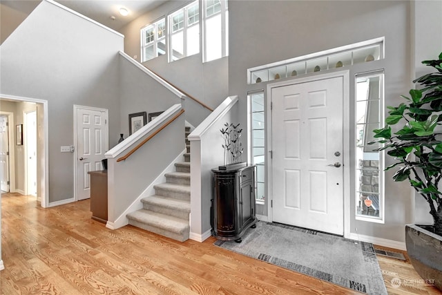 foyer featuring a high ceiling, a healthy amount of sunlight, and light hardwood / wood-style floors