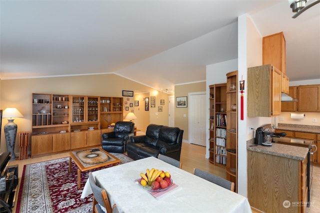 living room with vaulted ceiling and light wood-type flooring