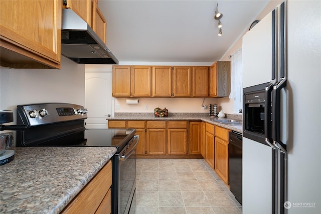 kitchen featuring range with electric cooktop, light tile patterned flooring, black dishwasher, and sink