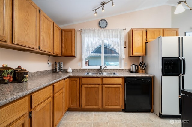 kitchen featuring vaulted ceiling, black dishwasher, sink, white refrigerator with ice dispenser, and light tile patterned floors