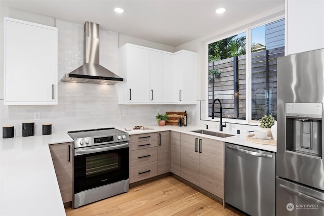 kitchen with white cabinetry, wall chimney range hood, stainless steel appliances, and sink