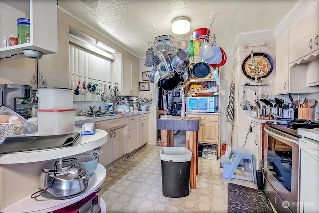 kitchen with stainless steel appliances, ornamental molding, sink, and white cabinets