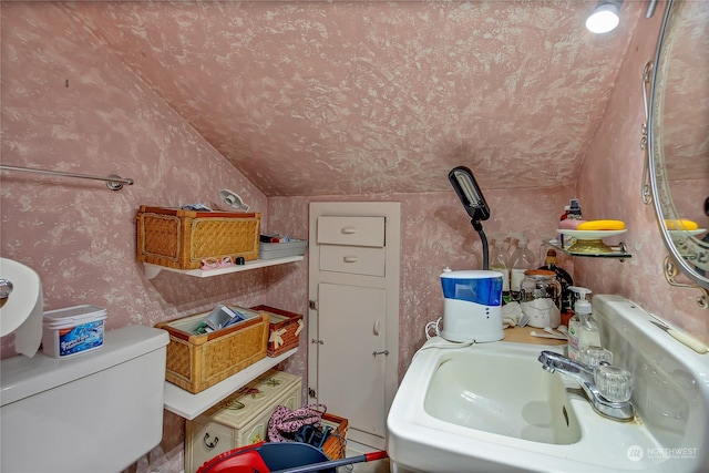 bathroom with vaulted ceiling, sink, and toilet