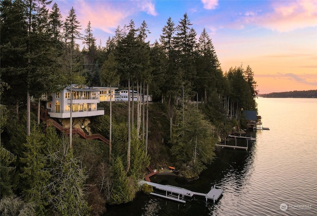 view of dock with a water view