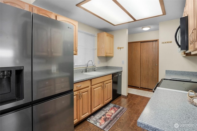 kitchen with sink, light brown cabinets, dark hardwood / wood-style floors, and black appliances