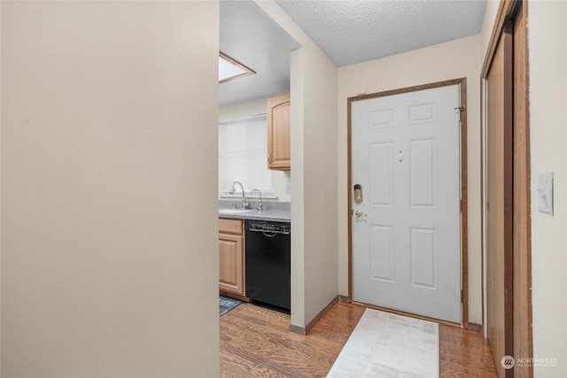 interior space featuring sink, light hardwood / wood-style floors, and a textured ceiling