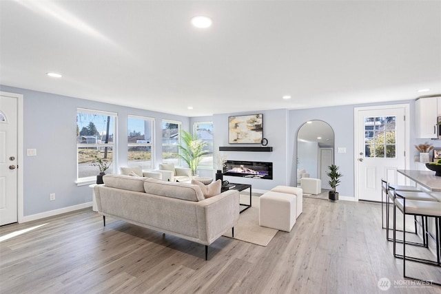 living room with light hardwood / wood-style flooring and a healthy amount of sunlight