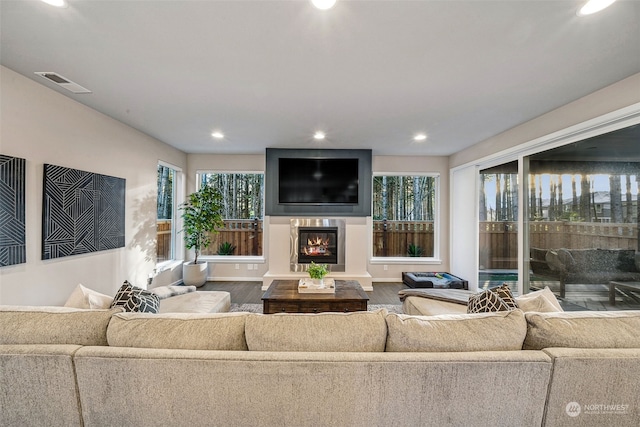 living room with a healthy amount of sunlight and hardwood / wood-style floors