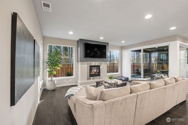 living room with dark hardwood / wood-style flooring