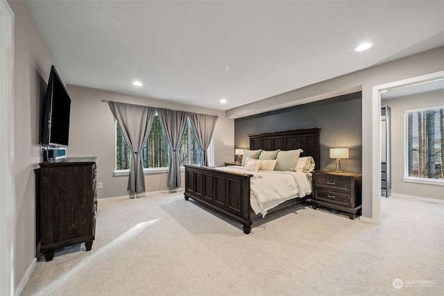 bedroom with multiple windows and light carpet