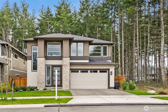 13007 187th Avenue Ct E, Bonney Lake, WA 98391 - prairie-style home with a garage, stone siding, fence, a front lawn, and concrete driveway