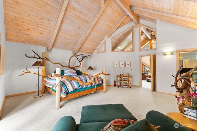 carpeted bedroom with lofted ceiling with beams and wooden ceiling