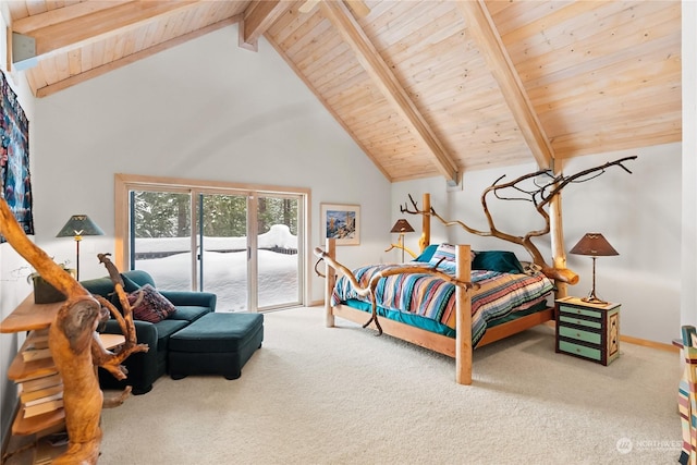 carpeted bedroom with wooden ceiling, high vaulted ceiling, access to exterior, and beam ceiling