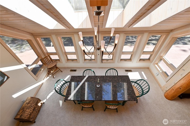 sunroom featuring carpet, a healthy amount of sunlight, and a skylight