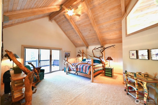 carpeted bedroom with high vaulted ceiling, wooden ceiling, access to outside, and beamed ceiling