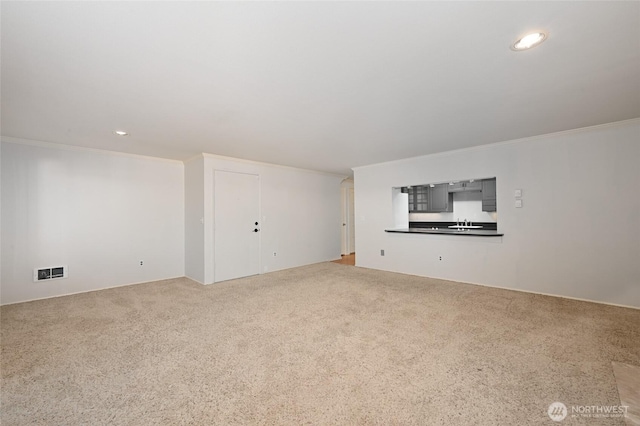 interior space with crown molding, carpet, and sink