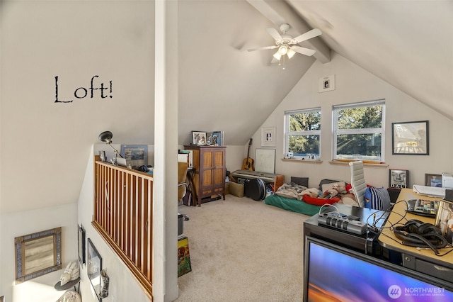 recreation room featuring a ceiling fan, vaulted ceiling with beams, and carpet flooring