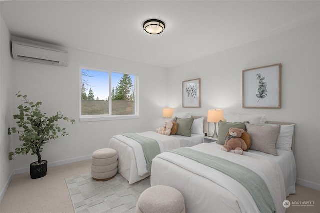 bedroom featuring light colored carpet and an AC wall unit