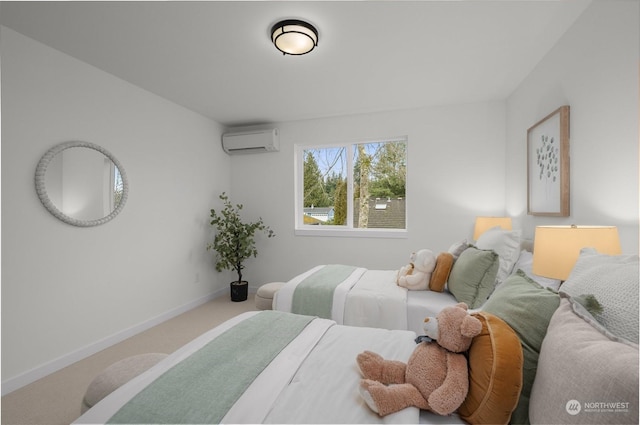 carpeted bedroom featuring a wall unit AC