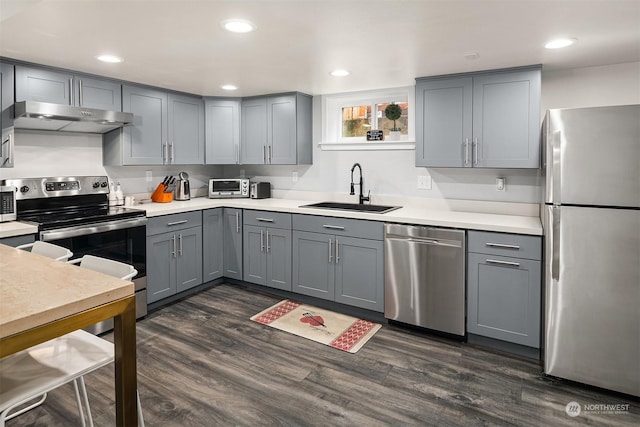 kitchen featuring gray cabinetry, sink, dark hardwood / wood-style floors, and appliances with stainless steel finishes