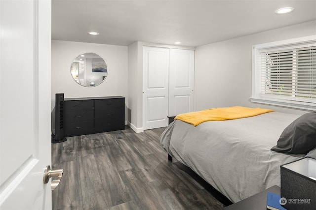 bedroom with dark hardwood / wood-style flooring and a closet