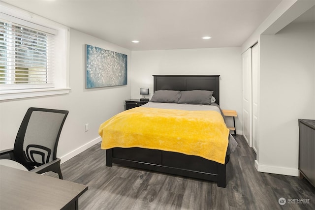 bedroom with dark wood-type flooring and a closet